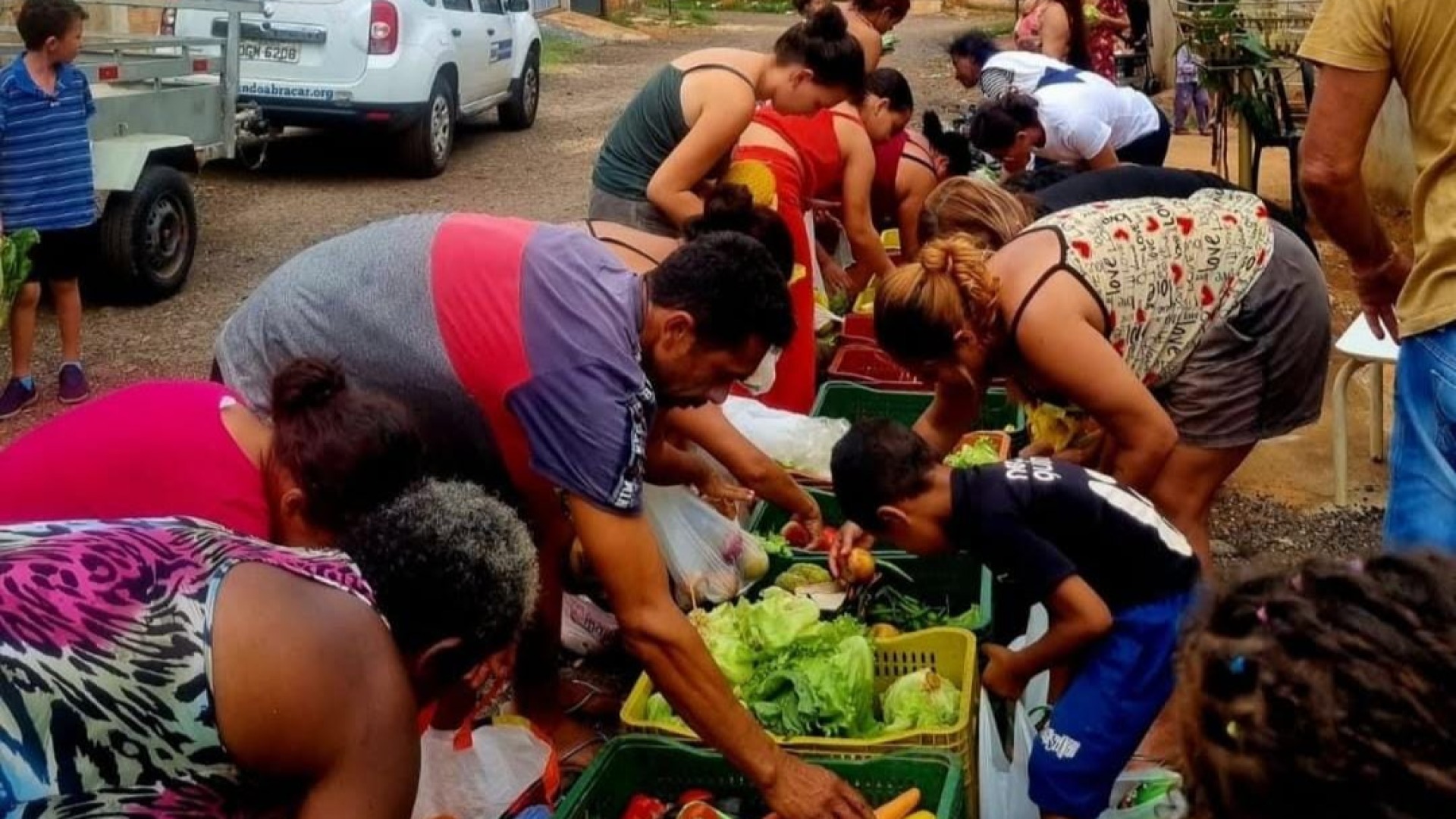 Voluntários para distribuir frutas, verduras e folhagens